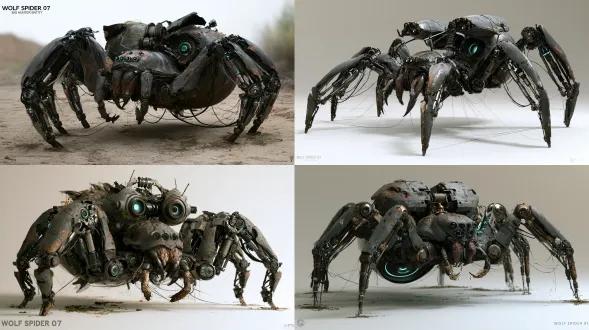 名称：搜寻者型生物机械体（代号：狼蛛-07） 体型：八足爬行时体高约1.2米，头胸部宽约1.5米，腹部宽约2米；全展足距约4米。可直立扑击，前四足撑起时头部离地约2.5米。 结构：头胸部与腹部两段式，中间有金属绞盘连接。八条金属节肢，每条分基节、转节、腿节、膝节、胫节、跗节，关节处有液压球铰和减震波纹管，节肢外侧覆盖暗灰色生物甲壳，内侧露出液压杆、伺服电机和线束。 头部：头胸部前端有八组传感器眼，呈狼蛛式排列（两排，前排四小、后排四中），暗处发出极弱暗蓝绿扫描微光，扫描时从后排向前排逐组亮起。螯肢一对，向下弯曲，可张开约70度，内侧有生物组织与金属齿混合结构，闭合时发出“咔哒”声。触肢一对，较细，可感知气流和振动，移动时不停轻点地面。 腹部：腹部背面有一块可开合的甲壳舱盖，开启后露出环形能量发射口，充能时环形内壁逐圈亮起暗蓝绿光。腹部末端有纺器状结构，可喷出极细的金属丝/粘性网（追击时用于封路，非主要武器）。 体表细节：甲壳上有旧伤疤、烧灼痕、泥浆干涸痕和苔藓附着。金属部分有氧化斑点、划痕和雨水锈迹。节肢关节处有生物荧光纹路，暗蓝绿色，暗处微亮，随运动明暗变化。 运动特征：八足交替爬行，重心先偏移再迈步，关节液压声和伺服电机声密集；转向时触肢先探方向，腹部先甩，头胸部后转；冲刺时八足高频交替，腹部微微抬起；扑击时前四足撑地，后四足蹬地，头胸部向前上方弹起。 禁止：不要出现人形面部、不要出现红色眼睛、不要出现柔软触手、不要出现哺乳动物或犬类特征、不要出现发光过度导致主体过曝。