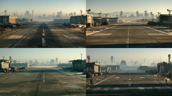 【场景资产图g：清海防卫军南郊基地跑道】 场景：清海城南部郊区防卫军基地跑道。主跑道长约800米，宽约30米，混凝土表面（有起降磨损痕、细裂纹和白色跑道标线，标线有磨损）。跑道两侧为地勤设施：灵能加注车、弹药装卸架、半开的机库大门（金属卷帘门边缘有磨损）、跑道边缘警示立柱与警示带、滑行道入口与跑道交汇处的白色引导标线。跑道尽头远处为清海城国风赛博天际线轮廓——层叠飞檐、重檐楼阁剪影、塔楼轮廓，全无玻璃幕墙摩天楼，建筑轮廓在正午热浪中微微抖动。天空为晴朗正午湛蓝。 视角：16:9宽屏，跑道侧方低机位（约1米高），跑道标线向画面深处消失点汇聚，机库与地勤设施在中景两侧形成框架，远处国风赛博天际线压在地平线上。无人无载具（资产图只有场景）。 光影：正午12:00，太阳顶光偏右上方约85°高度角，5600k硬光直射。跑道混凝土反光强烈，高光裁切至85%-88%，阴影极短而浓，投向下方偏左，暗部保留12%亮度呈深青蓝。光比6:1。远处国风赛博建筑轮廓受空气透视影响呈灰蓝降饱和，飞檐轮廓在热浪中轻微抖动。 介质：跑道地面热浪剧烈扭曲，地面有细微扬尘贴地流动，远处城市方向有空气透视薄雾。 画质：8k。混凝土跑道颗粒纹理与裂缝清晰，地勤设施金属质感，跑道标线磨损细节，警示立柱反光。 风格：半写实+cg电影风格，arnold电影质感