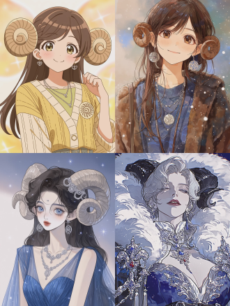 a lovely girl with long hair, wearing a sheep's horn, and necklaces made of silver. she is depicted in an anime style, dressed in exquisite clothes, similar to the constellation theme of aries. the background has soft lighting, creating a dreamy atmosphere. she is confident and elegant.