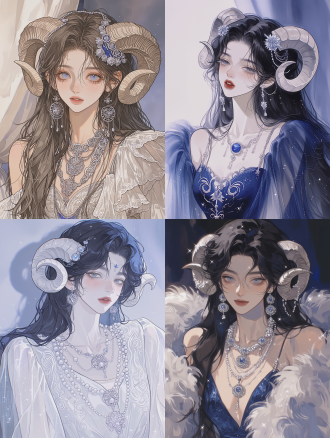 a lovely girl with long hair, wearing a sheep's horn, and necklaces made of silver. she is depicted in an anime style, dressed in exquisite clothes, similar to the constellation theme of aries. the background has soft lighting, creating a dreamy atmosphere. she is confident and elegant.