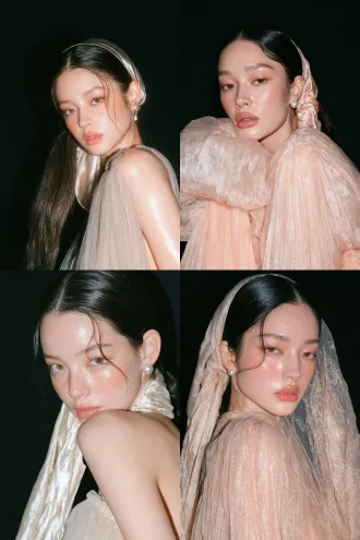 2:3半身人像，蜜桃甜妹妆容，东亚少女，乌黑顺滑低盘发，奶杏缎面包头巾，珍珠耳钉，奶杏垂坠褶皱纱裙，皮肤细腻水光质感，清透甜系妆面，蜜桃水光唇，柔和眉眼，纯黑背景，硬光打造明暗层次，棚拍肖像，清甜清冷少女气质，8k写实，清晰皮肤细节，浅景深，冷白嫩白皮，无辜杏眼，淡杏卧蚕妆，面中大面积蜜桃腮红，奶白细闪高光，流畅纤长脸型，姿态放松，面部轻微柔光提亮，朦胧梦幻氛围。表情甜美又带淡淡疏离，柔和光线形成朦胧光晕，画面带随手拍自然构图、细胶片噪点、柔焦边缘，复古手机照片质感，冷白低饱和奶调