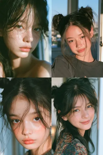 2:3半身人像，清新青苹果少女妆，东亚少女，幼态圆润鹅蛋小脸，饱满柔和婴儿肥，无锋利骨骼感，大圆小鹿眼，饱满自然卧蚕，眼神清澈灵动，小巧圆润鼻头，饱满圆润唇形，淡淡的清爽浅笑，白皙通透冷调嫩肤，乌黑头发扎成松弛低双丸子，保留轻薄空气齐刘海，几缕碎发自然垂落，清透伪素颜妆，淡青提水光唇，柔和干净眉眼，夏季清透窗边场景，大面积柔和漫射自然光从侧方窗户洒入，光线通透轻盈，高级人像拍摄，清爽鲜活的青苹果少女气质，8k超写实，高清原生皮肤质感，浅景深小头比例，冷白通透嫩白皮，面中淡淡的浅绿调蜜桃粉嫩腮红，细闪冷白珠光高光，脸型纤软流畅，姿态松弛自然，脸部与露出的皮肤轻微柔光提亮，朦胧梦幻氛围。神情清甜鲜活，带着一点青涩感。窗边自然光形成朦胧冷调光晕，画面带有随手拍的不完美松弛构图、轻微细腻胶片噪点、柔焦朦胧边缘、复古手机拍摄质感，冷白低饱和清绿奶调