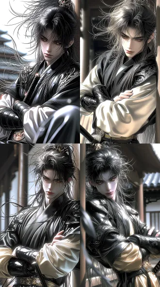 an extremely detailed illustration of a youthful ancient-style wuxia beauty, a fusion of 2.5d thick-paint and manhwa illustration style. he is in a relaxed standing posture, leaning against a traditional wooden pillar, arms crossed over his chest, looking sharp, cold, and slightly arrogant. a black ancient sword is hanging at his waist. cold white skin, deep three-dimensional facial features, slightly narrowed glowing brilliant golden eyes. [hair] messy flowing pure black long hair with cool-toned highlights, soft wispy fine strands, delicate translucent hair filaments, layered airy fluffy hair, lots of scattered stray fine hairs. light permeates through the hair with a subtle rim light, smooth soft hair rendering, soft anti-aliased hair edges, gentle hair highlights. [clothing - fabric] wearing a gorgeous eastern fantasy attire in contrasting black, white, and gold colors. flowing wide hanfu sleeves, heavy soft satin fabric, subtle fabric folds, fabric drapes naturally, thick cloth texture, not sheer. silky luster, gentle sheen on highlight areas, sharp fold shadows, hard-edged cel-shading on cloth. [clothing - leather] black glossy leather bracers and shoulder armor, patent leather texture, wet-look glossy finish, high specular reflection, crisp bright highlights, smooth leather surface, deep black tone, faint red reflective bloom, carved metal ornaments on leather, hard rigid texture. golden metal belt buckle, half-tied hair with an exquisite black-gold hair crown. [style & lighting] manhwa illustration, bold line art, thick clean outline, comic screentone texture. strong chiaroscuro, dramatic hard side lighting. background is ancient chinese architecture with depth-of-field blur to highlight the character. shallow depth of field, some foreground hair is softly blurred with bokeh on front hair strands, masterpiece, 8k resolution.