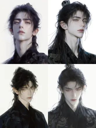 二次元油画厚涂，唯美华丽，正面半身像，背景纯白色。 李闻川 - 外形：26 岁左右，身高 183，身形偏挺拔清瘦；冷白肤色，锋利丹凤眼，眼尾微扬，鼻梁高挺，唇形偏薄；黑色长发束冠，发质柔软有层次感 - 气质：古代自带皇子的慵懒和贵气，眼神略带疏离；怼人时一本正经，吐槽感藏在眼底 - 服装：古代为玄色龙纹常服，暗纹精致，冷白皮，五官线条柔和