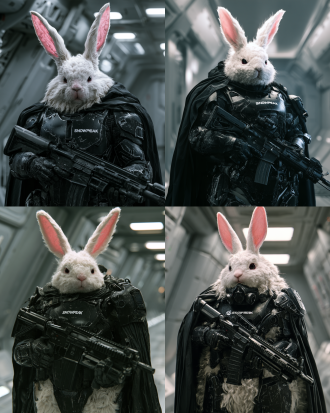 anthropomorphic fluffy white rabbit warrior, pink inner long ears, dark red eyes, wearing matte black futuristic sci-fi tactical combat armor, "snowpeak" text logo printed on chest, draped flowing black cape, holding a detailed black modern assault rifle, standing in sleek grey metallic futuristic spaceship corridor, cinematic soft lighting, hyperrealistic, 8k, octane render, ultra detailed soft fur texture, worn scratch details on metal armor, depth of field, sharp focus, sci-fi cyberpunk aesthetic, medium full shot