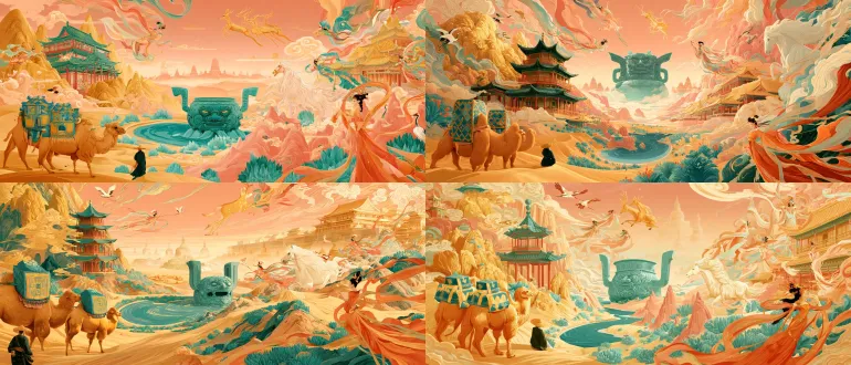an ultra-wide horizontal guochao (chinese trendy style) heavy-color illustration scroll, theme: silk road and dunhuang mythology. dunhuang mural palette: warm gold, amber yellow, peach pink and coral red as dominant tones, accented with malachite green, turquoise and mineral blue; the sky glows with sunrise peach-and-orange light. **composition unfolds left to right:** - left foreground: two golden-brown bactrian camels in a trade caravan, loaded with woven cargo packs in blue-and-yellow geometric patterns; an ancient traveler in a dark robe and straw hat holds the reins, walking on golden sand dunes. - left midground: a multi-tiered chinese pavilion with upturned eaves, green tiles and red pillars, nestled among golden mountains and auspicious clouds; in front lies a crescent-shaped blue spring, edged with turquoise cactus-like desert plants. - central focal point: a giant turquoise-glazed bronze ritual vessel (taotie mask pattern, two handles, round belly) rising from the spring, surrounded by flying apsaras with flowing ribbons and auspicious clouds; above-right of the vessel leaps a golden nine-colored divine deer with elegant antlers, front hooves raised; behind the deer, distant clusters of pointed stupas and pagodas fade into morning mist. - right midground: a spirited white heavenly horse with flowing mane, encircled by ribbon-dancing flying apsaras; beside it stands a grand complex of chinese palaces with layered golden-tiled upturned eaves and red pillars. - right foreground: a dunhuang flying apsara in a flowing orange-red dress, her long ribbons winding through the right edge of the frame, poised lightly before the palace. **supporting elements**: cranes and small birds in the sky, pink-and-gold ruyi clouds, layered golden desert mountains in the distance, turquoise succulent-like desert plants scattered in the foreground. **style**: guochao gongbi heavy-color illustration, blending dunhuang mural textural washes with modern commercial illustration's refined sheen, flowing lines, soft gradient color blocks, resplendent and dreamlike celestial atmosphere, rich detail, panoramic scroll composition. aspect ratio 21:9, high resolution, no text.