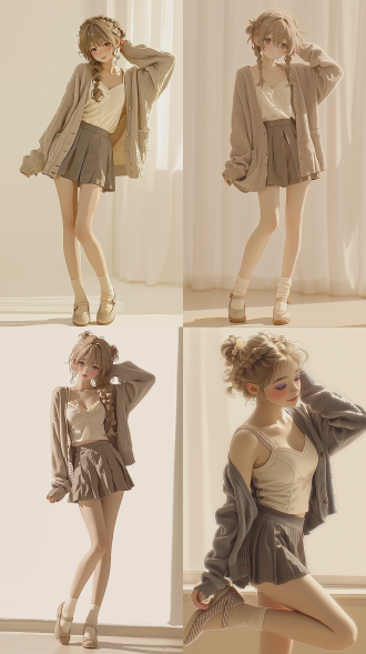 正向关键词： photorealistic, full body shot, 1 young cute girl, half-up bubble lantern braid, segmented bubble ponytail, top hair permed with curls, layered fluffy hairstyle, age-reducing playful temperament, soft light brown thick eyebrows dyed with light brow tint, large area lavender-pink blush on cheeks, milky pure desire atmosphere, warm earth tone eyeshadow, inner corner eye highlight to brighten eyes, delicate natural lip glaze, slim layered outfit, off-white inner camisole, gray thin loose cardigan, high-waisted short pleated skirt, mid-calf socks, mary jane shoes inlaid tiny rhinestones, pure and sweet style. pose details: body slightly sideways to camera, one leg gently forward, another leg naturally backward with slight knee bend, upper body relaxed backward lean slightly, one hand casually hook the hem of cardigan, another hand lightly tuck side broken hair behind ear, shoulders relaxed and slightly open, head tilted slightly sideways toward lens, weight on hind leg, casual natural body stretch, subtle camera slight shift to create lazy ambient sense, shallow depth of field, soft warm indoor window light, clean plain background, 8k, raw photo, fine skin texture, realistic fabric fold detail, delicate hair flyaway, natural shadow layering. 负面关键词： ugly, deformed limbs, extra fingers, distorted facial features, oversaturated color, blurry, messy background, rough skin, exaggerated proportion, cartoon, anime, painting, bad anatomy.