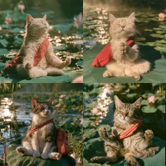 1:1正方形写实摄影构图，绝对写实风格，猫咪上半身正面特写，镜头裁切至胸腹以上，主体居中。一只猫咪像脚掌贴脚掌、肉掌贴肉掌盘腿坐在一片巨大的碧绿荷叶上，正在入定打坐。带着超然物外的禅意。它的两只前爪在胸前紧紧贴合（肉掌贴肉掌）。极为重要：爪子必须是真实的毛茸茸动物肉垫爪，绝对不能出现人类的手指的形状！猫咪双脚盘坐，依然是肉掌贴肉掌，猫咪身上斜挎着一只枣红色棉麻帆布包，包身自然软塌，搭在身体一侧。背景是晴朗天空和美丽的荷塘景致，水面波光粼粼，错落的碧绿荷叶与零星粉荷朦胧柔和。阳光穿过荷叶，在猫咪张嘴笑着、合十的肉垫爪子、胡须和毛发边缘勾勒出细腻温暖的金色轮廓光，画面整体明亮通透，没有任何暗沉死黑的阴影。 整体采用低饱和青绿色与暖奶油色结合的胶片调色，粉荷为淡豆沙粉，枣红色棉麻包作为唯一暖重点睛色。柯达portra 400胶片风格，富士pro 400h轻微青绿倾向，细腻均匀胶片颗粒，轻微灰尘划痕，复古做旧，超写实高细节，无文字、无水印、无签名