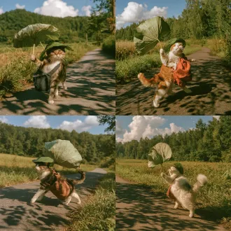 1:1正方形写实摄影构图，侧面中景。一只猫咪走在夏日乡间小路上，呈现侧拍走路的动态瞬间。它的一只前爪稳稳扶着扛在肩上的荷花长柄，荷叶叶面巨大且硬挺；另一只前爪自然地向身后摆动，步伐轻快。猫咪头顶盖着一片翠绿的荷叶，像戴着一顶天然的遮阳帽；身上斜挎着一个暗红色（砖红色）的棉麻帆布小包。 背景是夏天的田野和葱郁的森林，远处是晴朗的蓝天白云。阳光明媚，夏季上午的柔和侧逆光从侧后方照入，在猫咪侧脸、荷花、摆动的后爪和包带边缘形成温暖的金色轮廓光。猫咪面部有充足的环境补光，五官清晰，没有任何暗沉阴影。路面和草地上有斑驳的树影光斑。 整体采用柯达portra 400胶片风格，富士pro 400h轻微青绿倾向，奶油色高光，青蓝色温润阴影，低饱和度，暗红色包与绿野形成高级撞色。细腻均匀的胶片颗粒，轻微灰尘划痕，复古做旧，超写实，高细节，无文字、无水印、无签名