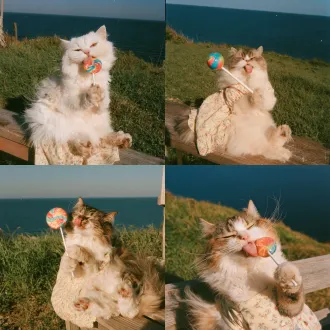 1:1正方形写实摄影构图，近景特写。一只可爱的猫咪坐在海岛的木质长椅上，正对着镜头，伸出粉嫩的小舌头舔着一根巨大的彩色圆形棒棒糖。它穿着一条夏日清新的小裙子（浅黄色底色或小碎花），两只毛茸茸的爪子（真实的动物肉垫，绝对没有人类手指）捧着棒棒糖的白色棍子。猫咪表情极度开心，眼睛弯成月牙，充满治愈的笑容。 背景是海岛上的翠绿草地，远处是湛蓝的大海，背景水平分层分布，海风吹拂着猫咪的毛发和裙摆。晴空万里，蓝天白云。夏日明媚的上午侧逆光，光线通透，猫咪面部有充足柔和的补光，没有暗沉阴影，眼睛清澈明亮。整体采用柯达portra 400胶片风格，奶油色高光，青蓝色阴影，低饱和度，细腻胶片颗粒，轻微灰尘划痕，复古做旧，超写实，高细节，无文字、无水印、无签名