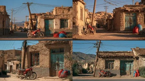 architectural photography reference, wide-angle cinematic shot of an empty rural street crossroads in a 1990s northern chinese village. cracked dry yellow earth ground, heavily textured adobe mud houses, weathered gray brick foundations. an old red retro motorcycle parked quietly under a leaning wooden utility pole with tangled crisscrossing power lines. a faded turquoise peeling painted wooden door, vibrant red and blue plastic woven bags stacked near the wall, vibrant pop of retro colors contrasting with earthy ochre mud tones. crisp daytime direct sunlight, sharp geometric shadows, airborne golden dust particles, fine film grain, kodak 2383 color grading, highly detailed lifestyle texture, no humans, empty environment, uninhabited