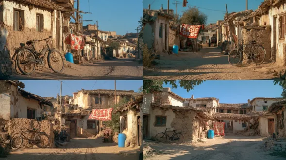 environmental concept design reference, an empty open courtyard and dirt road in a dusty 1990s northern china village. low adobe mud houses with peeling plaster, a classic vintage black flying pigeon bicycle leaning against a rough mud-brick wall. a brightly colored vintage red-and-white floral quilt hanging on a clothesline fluttering in the wind, a bright blue plastic water barrel on the ground. natural harsh midday sunlight, strong side lighting casting long shadows across cracked dirt and dry tractor tire tracks. kodak portra 400 film aesthetic, rich textural detail, retro teal and ochre color palette, documentary style, authentic nostalgic atmosphere, wide establishing shot, unoccupied scene
