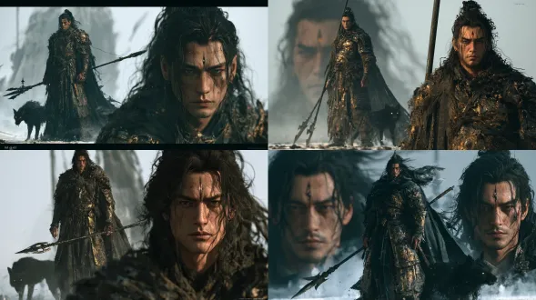 character concept art, realistic 3d cgi, erlang shen yang jian in "black myth: wukong" dark-deity style: stern handsome war-god, dark-gold and iron-black ornate armor, a vertical third eye with faint glow on his forehead, holding a three-pointed double-edged glaive (三尖两刃刀), long flowing dark cape, imposing upright stance, a shadowy black hound (哮天犬) with glowing eyes at his side, cold jade-grey mist and god rays behind, low-key chiaroscuro lighting, shallow dof, hyper-detailed pbr armor and skin, aura of divine authority and concealed sorrow, full body and portrait composite, no text no watermark