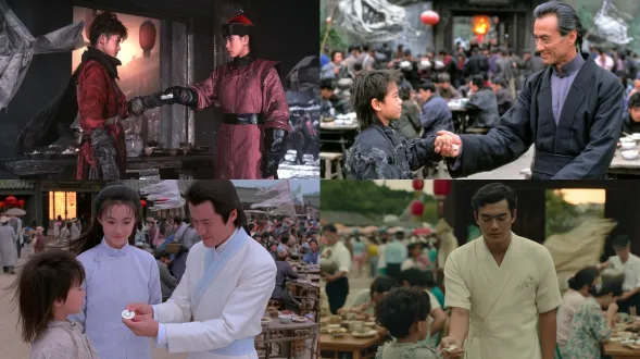 90s hong kong wuxia movie still, tsui hark style, 35mm film grain, dramatic cinematic lighting, hazy smoke, saturated retro color, cinematic composition, hyperrealistic movie screenshot, young guo jing in luxurious linen and silk robe with subtle embroidery, noble but honest face, giving a silver ingot to huang rong disguised as a ragged beggar boy, ancient roadside tavern bustling with customers, noisy market street outside, merchants, travelers, waiters carrying wine pots, wooden tables filled with people, wine bowls, food plates, red lanterns hanging, dusk warm golden backlight through wooden doorway, huang rong with messy hair and patched clothes, quiet tender moment between them while the world is noisy around, old wooden tables, wind blowing cloth banners and robes, subtle lens flare, shallow depth of field, authentic 1990s hong kong wuxia film aesthetic, no visible text