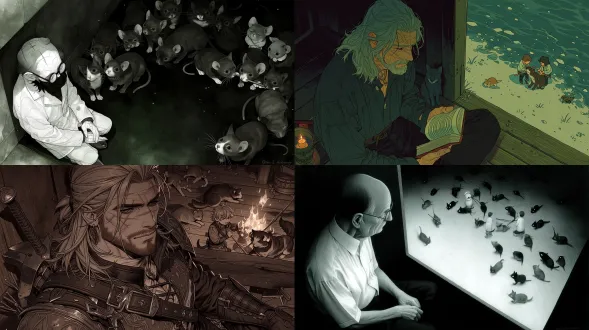 画面设计：俯视视角，一位老人，没有双臂，没有右腿，只有左腿，脸上大约三分之二面积被伤痕充斥，独自坐在阴暗的角落。在围墙之外，同样阴沉的空间里，老鼠被猫吓跑，猫被狗咬掉一只耳朵，两个小男孩用铁棒贯穿狗的身体。要求细节丰富，突出命运的悲惨感，画面张力强。故事背景：设定为西方奇幻世界，老人曾是一名骑士。视线聚焦于老人，老人位居画面左下角位置，不出现全身。距离老人越远的画面部分越模糊。画面设计要求必须完全精准表达出来。