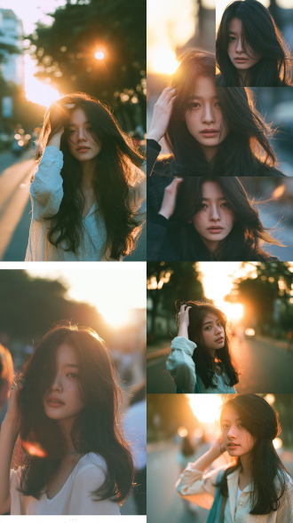 年轻亚洲女子轻抚发丝，右三分构图，公园街道，浅景深，50mm f1.8镜头，暖金逆光，柔焦，静谧，日系清新风格，暖黄冷蓝对比，电影质感。