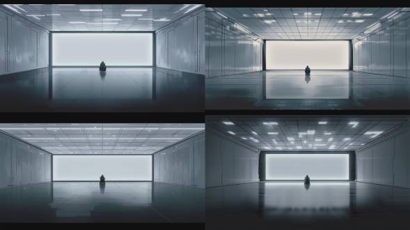 flat 2d vector graphic illustration, 2.5d animation scene concept art, bold clean geometric planes, distinct oil pencil outlines, masterpiece. a vast, symmetrical futuristic interior chamber matching the exact layout of bfb01847fd61c3cb11b61b5892a72853.jpg. key assets: a stylized grid-patterned illuminated light ceiling stretching overhead, a polished matte dark floor with a crisp stylized vertical reflection, and a massive blinding white rectangular glowing screen framing the far wall. the overall texture is smooth hand-painted matte mapping with no gloss or realistic glass glare, perfectly matching the visual style of image_27a41c.jpg. tech-noir color blocking: clinical bone-white, deep charcoal-grey, and flat ink-black outline accents. flat cel-shading, crisp line-art aesthetic, solid mid-grey ambient tones, no 3d lighting gradients, no soft shadows, pure background, no characters.