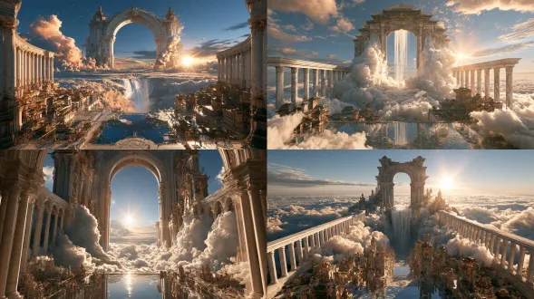 giant oriental fairy arch gate standing above sea of clouds, symmetrical marble colonnades on both sides, huge cloud waterfall flowing down, reflective crystal water ground, ornate chinese immortality buildings, golden decorative details, bright sunlight flare, scattered twinkling star dust, vast cloud ocean, panoramic wide shot, octane render, photorealistic, 8k, ultra-detailed, natural texture, no plastic cgi
