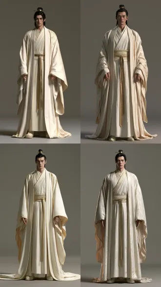 full-length frontal character concept render of an east asian male deity aged 35–40, tall slender eight-head-tall proportions, relaxed shoulders, long legs, elegant visible hands. mature elongated oval-square face, broad smooth forehead, slightly shorter upper facial third, balanced midface, subtly longer lower third, defined jaw corners and gently rounded chin. medium-thick straight black eyebrows with a slight outer arch and tapered tails; elongated almond eyes, subtle inner eyelid folds, muted dark golden-brown irises, composed observant gaze. medium-high nasal root with a natural forehead transition, high straight nasal bridge, defined non-upturned tip, narrow nostrils. slightly thin upper lip, fuller lower lip, muted rose lips, neutral mouth. warm-neutral skin, subtle pores and faint under-eye texture, clean-shaven. jet-black hair swept neatly back, compact high topknot secured with a narrow antique-gold crown, remaining hair falling behind the shoulders. ivory crossover inner robe, warm-white long outer robe, narrow antique-gold sash, sparse fine gold embroidery, fitted wrist openings, pale boots. empty hands resting naturally at his sides. quiet authority, neutral standing pose, head-to-toe visible, seamless neutral gray studio background, soft frontal key light, subtle rim light, unreal engine 5 cinematic 3d render, physically based silk and metal, realistic skin shading