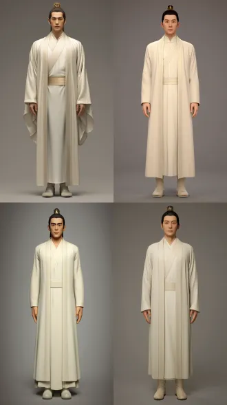 full-length frontal character concept render of an east asian male deity aged 35–40, tall slender eight-head-tall proportions, relaxed shoulders, long legs, elegant visible hands. mature elongated oval-square face, broad smooth forehead, slightly shorter upper facial third, balanced midface, subtly longer lower third, defined jaw corners and gently rounded chin. medium-thick straight black eyebrows with a slight outer arch and tapered tails; elongated almond eyes, subtle inner eyelid folds, muted dark golden-brown irises, composed observant gaze. medium-high nasal root with a natural forehead transition, high straight nasal bridge, defined non-upturned tip, narrow nostrils. slightly thin upper lip, fuller lower lip, muted rose lips, neutral mouth. warm-neutral skin, subtle pores and faint under-eye texture, clean-shaven. jet-black hair swept neatly back, compact high topknot secured with a narrow antique-gold crown, remaining hair falling behind the shoulders. ivory crossover inner robe, warm-white long outer robe, narrow antique-gold sash, sparse fine gold embroidery, fitted wrist openings, pale boots. empty hands resting naturally at his sides. quiet authority, neutral standing pose, head-to-toe visible, seamless neutral gray studio background, soft frontal key light, subtle rim light, unreal engine 5 cinematic 3d render, physically based silk and metal, realistic skin shading