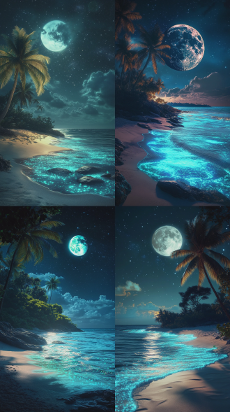 at night sky, the beach is covered with blue and green fluorescence, the huge moon, elf light, stars, facula,coconut tree， the sea with fluorescence, the shining golden beach, the starry sky with moonlight, michael james smith's matte painting, golden，reflection, cg rendering, volume light, space art, bioluminescence, unreal engine 5, magic of light, unreal engine rendering, super wide angle, super wide angle, high definition.