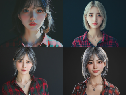 photorealistic cinematic portrait of a young east asian woman, delicate aloof facial features, pale milky skin, light grey eyes, natural soft pink lips, faint gentle smile, silvery white shoulder-length short hair with straight bangs, a single striking bright blue highlight streak in the hair, silky lustrous hair texture, red and dark green plaid flannel shirt, slightly unbuttoned collar, three layered dainty silver necklaces with small geometric pendant, studio soft lighting, side rim light outlining hair strands, dark solid charcoal black background, ultra detailed skin texture, subtle pores, 8k ultra hd, sharp focus on eyes, professional portrait photography