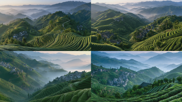 ultra realistic landscape photography, layered terraced tea plantations on mountain slopes, neat rows of green tea bushes, quiet rural villages scattered beside tea terraces, old grey tile farmhouses, winding country paths, soft morning mist floating between mountains, warm morning sunlight, dewdrops on tea leaves, distant rolling mountains, clear air, rich natural green tones, wide panoramic view, deep depth of field, shot on sony a7r4