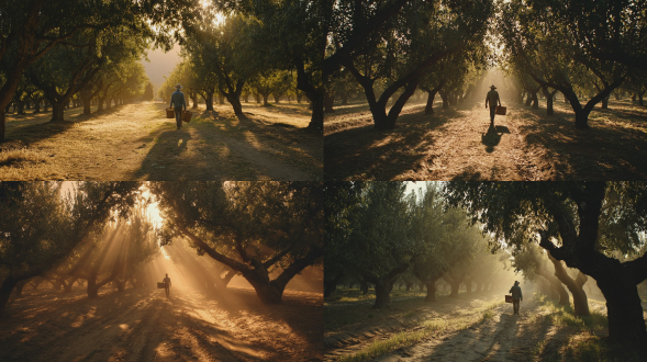 cinematic wide shot of a serene鹰嘴桃 orchard at golden hour. the low-angle sunlight casts long, dramatic shadows between the rows of ancient, gnarled peach trees. the air is thick with a sweet, refreshing fragrance. a farmer walks slowly down a dirt path through the orchard, carrying a heavy load of peaches, his silhouette outlined against the dazzling backlight. the scene is filled with a warm, nostalgic mood, evoking a sense of peaceful rural life. shot on 35mm film, shallow depth of field, warm color palette, cinematic lighting, epic and atmospheric.