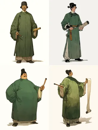 character design sheet, full body standing portrait, a southern tang court painter, green round-collar robe, black wufu headwear, holding brush and scroll. stylized 2d animation, semi-cartoon, non-photorealistic. hand-painted impasto, thick brushwork, delicate outlines, selective chiaroscuro, dramatic light and shadow, rim light, crisp shadows, ambient occlusion. muted cinnabar, azurite, ochre, warm amber. clean background