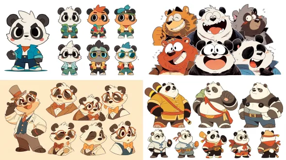帮我设计几个具有特色的熊猫人沙雕动画原创人物，要造型浮夸，让人一眼就能记住