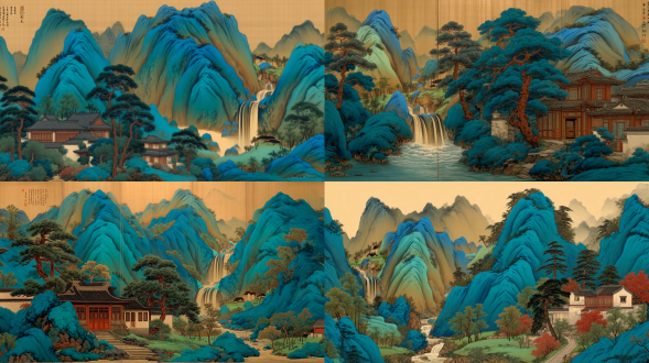中国传统山水画卷，巍峨山峰连绵起伏，青绿为主色调，赭石点缀，色彩层次丰富，山间树木郁郁葱葱，瀑布如白练倾泻，屋舍黑瓦白墙，淡墨背景山峦若隐若现，细腻笔法，精妙构图，雄浑壮丽，宁静悠远，水墨渲染，高细节，自然和谐，深远空间感，传统艺术风格，远离尘嚣，闲适宁静。