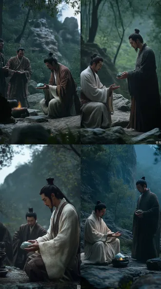 photorealistic historical documentary shot, ancient spring and autumn period, bian he kneeling to present jade stone to king of chu, dark mountain forest, dim natural light, ancient chinese costume, solemn atmosphere, 8k, ultra detailed