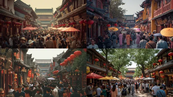 大唐盛世街景集市，国风风格，繁华热闹，红墙金瓦，熙攘行人，唐装仕女手执团扇，商贩叫卖丝绸瓷器，灯笼高挂，细节精致，复古色调，广角镜头，全景构图，柔光，暖色调，宫廷色彩，喜庆氛围，繁华盛世。