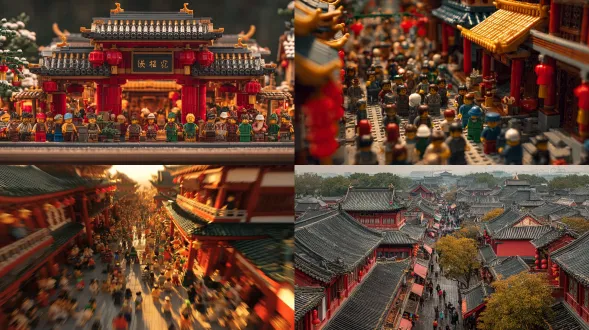 大唐盛世街景集市，国风风格，繁华热闹，红墙金瓦，熙攘行人，屋顶有一武侠高手，飞燕走壁，俯视视角，高饱和度，古代建筑群，密集摊位，商贩吆喝，灯笼装饰，武侠装扮，飘逸长发，矫健身姿，动态模糊，夕阳余晖，金色暖光，广角镜头，高对比度，喜庆氛围，传统服饰，细节丰富，热闹非凡。