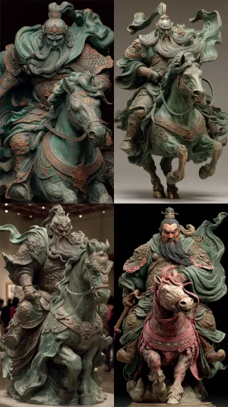 关羽身形雄伟, 正面全身像, 骑着赤兔马, 正策马而来, 身穿熟铜铠甲, 身披绿战袍, 绿披风随风飘摆, 面相威严霸气, 手持青龙偃月刀, 风格暗黑