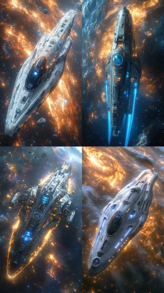 一艘未来感十足的太空飞船，流畅的金属机身带有发光的蓝色能量管道，巨大的弧形舷窗，复杂精细的机械细节，漂浮在浩瀚宇宙中，周围是旋转的星云和遥远的恒星，超细节，电影级光影，8k分辨率，融合西德·米德与莫比乌斯的风格，科幻概念艺术，逼真渲染效果