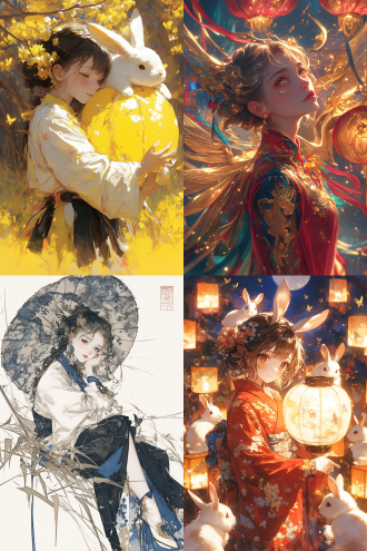 国画，水墨画，大写意，彩色，古风可爱女生，提着一只大兔子灯笼，背景月亮，祥云，桂花树，中秋场景cosplay，真实人像摄影，女性人物写真，女性动漫角色，细闪粒子，人像面部聚焦，手伸向镜头突破限制，用到大张力构图，运动模糊，朦胧感+模糊感，超强模糊质感的摄影抓拍，周边的物体全部虚化，发光，花，蝴蝶，光影层次感，电影质感，梦幻光影，肌理反光，折射光影，光影弥散，抽象表达，艺术氛围，情绪表达和叙事，艺术插画，超现实主义美学，高级的氛围感，层次感