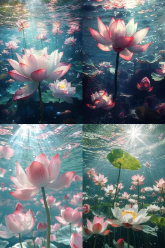 治愈系风格插画，水下镜头仰拍，水面波光粼粼，光影折射，漫反射，丁达尔效应，巨型荷叶在水面上伸展，铺天盖地，粉色白色荷花，水中小鱼儿游动，阳光明媚，靓丽的色彩，超低角度，高级色彩分级，高度对比，细腻的细节，大师作品