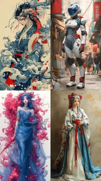 超级宇宙文明，中国神怪风格，雌性造型的妖怪，有着部分变形金刚机甲优点而精美，主体为蓝白红三色为主色调，妖怪妖媚，超未来星际轻装机甲，色彩丰富，妖族族造型，外形丝滑圆润，玄红玄黑玄黄玄蓝玄绿玄白颜色肌肤，体态修长，布满全身的另类花纹纹身，意想不到的造型，细密叠加风格，大气磅礴，神密空灵，随机镜头，超极端角度，线条艺术，动态轮廓， 韵律起伏，疏密有致，鲜艳色彩，颗粒梦核，神秘氛围，局部深浮雕，雕刻回形纹云雷纹及饕餮纹身，又有创新设计感，营造出神秘、沉静氛围，如梦里的妖娆，强烈的明暗对比，突出主体，祸国之美，灰白色长毛精致浓密厚实，cg虚幻引擎，迷离变幻的场景，32k超清画质，未来聊斋既视感