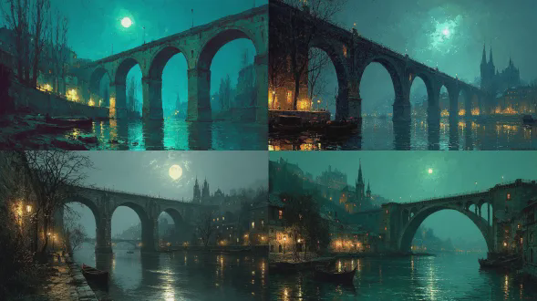 格里姆肖风格，夜晚，河边，明亮的月光，石拱桥，复古的建筑，精美，杰作