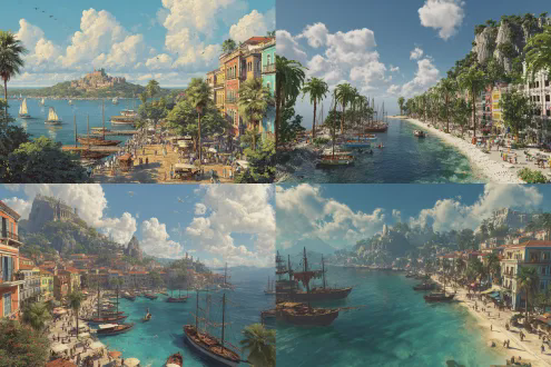 碧蓝热带海湾，码头停泊帆船渔船，右岸市镇彩色民居散布热带树丛，街道行人马车小贩，市集右边树木山岗，山顶古代遗迹雄伟，远处蓝天白云，广角镜头，视野深远，细致逼真，明亮日光，鲜艳色彩，动态生活气息，高分辨率，超现实细节，热带风情，温暖色调，全景构图