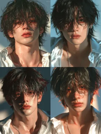 2.5d semi-realistic k-idol male portrait, frontal face view, looking straight into the camera, symmetrical composition, handsome young man with sharp jawline and fine facial features. fluffy layered dark hair with subtle burgundy red highlights, messy bangs falling naturally over the forehead. clear luminous translucent skin with soft peachy blush on cheeks and under the eyes. reddish-brown eyeshadow with a slightly smudged drunk effect around the lower lash line. dense straight natural eyebrows. deep dark eyes with sparkling catchlight reflections, long but natural dark eyelashes. glossy moist rose-pink lips, relaxed closed mouth. wearing an open white silk collar shirt, thin silver chain necklace, small silver earring on one side. soft dreamy diffused studio lighting, gentle halo glow on face and hair, dreamy soft pastel background, elegant aesthetic, high contrast between pale skin and dark hair, smooth digital art illustration, beautiful glow effect, cinematic lighting, no photographic grain.