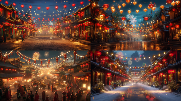 大唐盛世夜景，华丽宫殿与繁华街市，灯火辉煌，飞檐翘角挂满红灯笼，金钗玉饰闪烁，动态烟花绽放，深蓝夜空，暖色调灯光，长曝光，广角镜头，低角度拍摄，朦胧烟雾，喜庆氛围，细节丰富，丝绸质感，金色红色主色调，盛世繁华，超高清，hdr效果，光斑点缀，对称构图，人物身着唐装，笑容洋溢，手持宫灯，动态模糊，华丽纹饰，璀璨夺目。