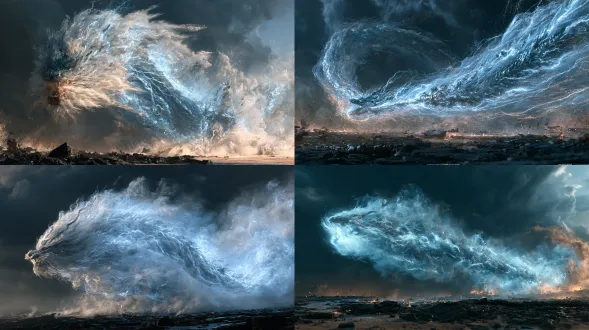 an enormous oriental lightning dragon formed from a spear attack, not a creature but a weapon energy manifestation, dragon head aligned with a spiraling spear-tip thunder core, long body made of layered blue lightning, luminous scales, crackling electric veins, high-speed forward motion, violent cyan and white glow, dark storm clouds, shattered black stone battlefield, cinematic epic fantasy vfx, hyper detailed, no characters, no text, no watermark