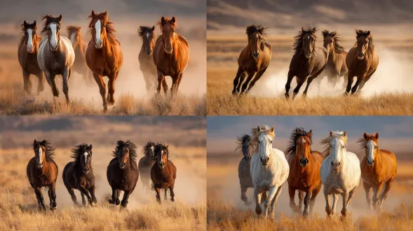 "骏马迎风奔驰，金色草原背景，低角度拍摄，动态模糊，夕阳暖光，鬃毛飞扬，肌肉线条分明，眼神坚定，高清质感，广角镜头，高动态范围，自然风光，棕色调，力量感，自由奔放，速度感，侧逆光，尘土飞扬，野性美。"