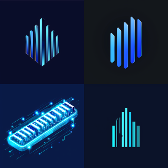 "码卡农logo设计，极简风格，科技蓝与未来银色调，几何线条拼接，抽象键盘与音符融合，现代感，矢量风，发光效果，对称布局，未来科技感，高分辨率，扁平化设计，清晰边线，大胆创新，数字艺术，视觉冲击力。"