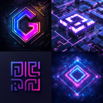 "码卡农logo设计，极简风格，电子音乐与代码融合，抽象几何图形，电路板纹理，霓虹蓝紫渐变，对称构图，未来科技感，发光效果，动态模糊，3d渲染，金属质感，数字像素元素，节奏感，创新与技术的结合。"