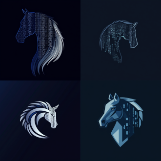 码卡农logo设计，简约现代，马头轮廓与二进制代码融合，科技感线条，几何形状，深蓝与银灰色调，极简主义，向量风格，高对比度，扁平化设计，对称布局，动态平衡，未来感，清晰边缘，抽象表达