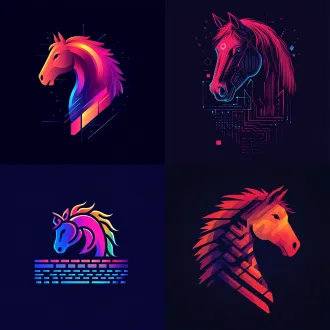 码卡农logo，马头图案融合键盘按键元素，极简线条，高饱和度背景，扁平化设计，霓虹色渐变，几何形状，动态感，现代科技风格，醒目对比，强烈视觉冲击，未来感，抽象符号，正方形构图