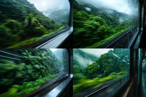 雨天火车窗外茂密森林景色，雨滴在窗户上，动态模糊效果，写实摄影，广角镜头，自然漫射光，冷色调，高动态范围，深邃远景，湿润反光表面，宁静氛围，柔和阴影，细腻纹理，水滴特写，速度感，沉浸视角